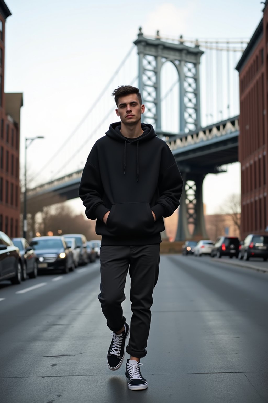 sharp and trendy man in New York City wearing an oversized sweatshirt and high top sneakers, Brooklyn Bridge in the background