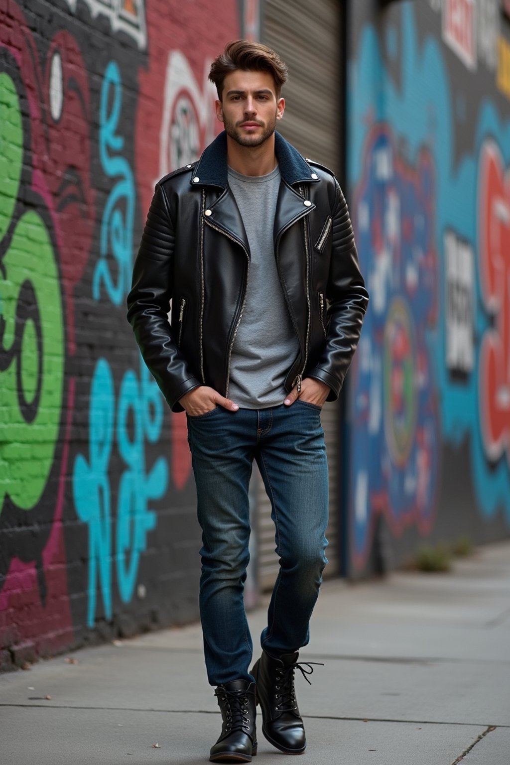 sharp and trendy man in New York City wearing a leather jacket, jeans, and boots with urban graffiti in the background