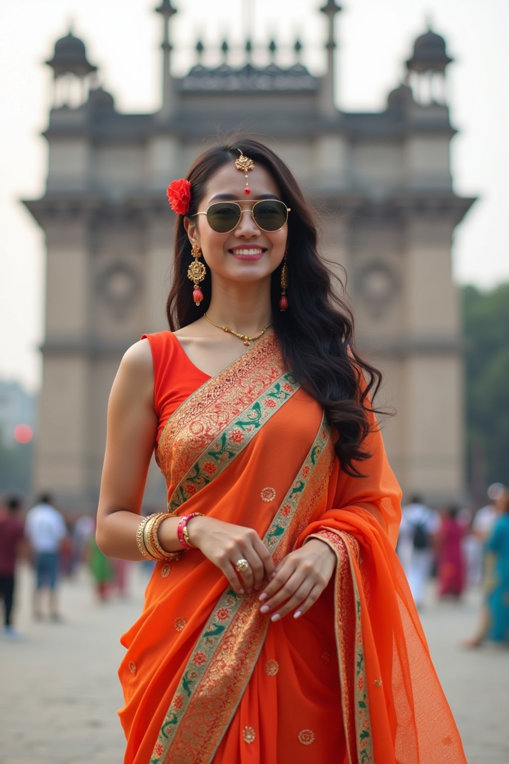 stylish and chic  woman in Mumbai wearing a vibrant saree/kurta, Gateway of India in the background