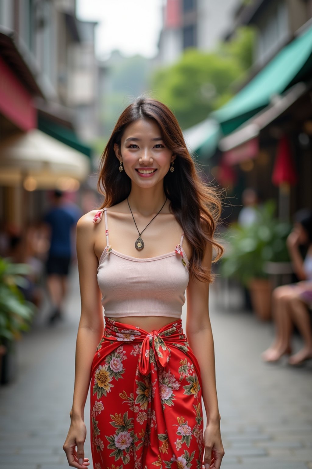 stylish and chic  woman in Thailand wearing a vibrant sarong, Bangkok in the background