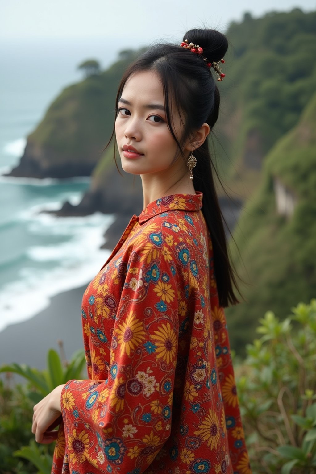 stylish and chic  woman in Bali wearing vibrant Batik clothes, Bali, Indonesia in the background