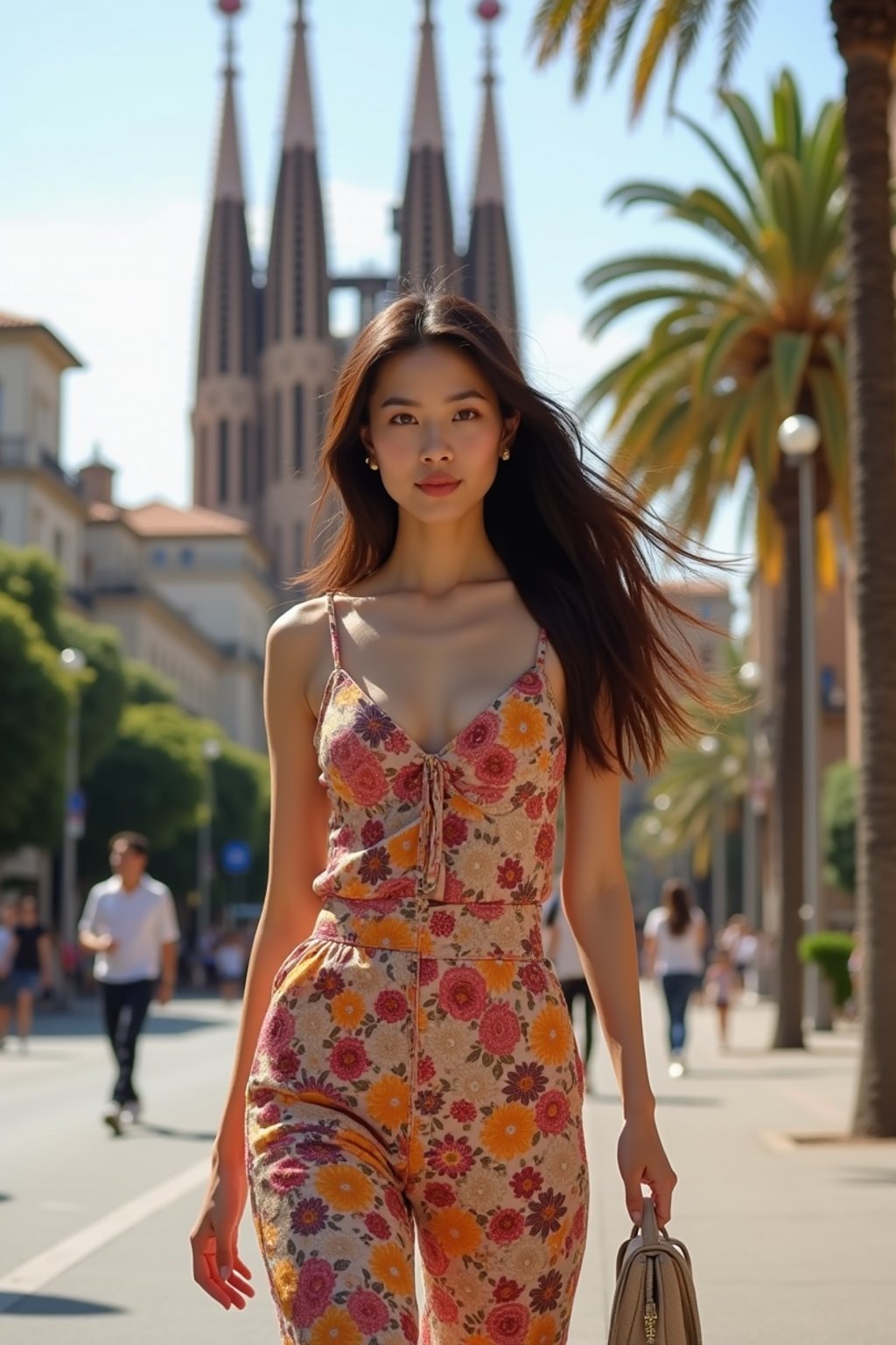 stylish and chic  woman in Barcelona wearing a stylish summer outfit, La Sagrada Família in the background