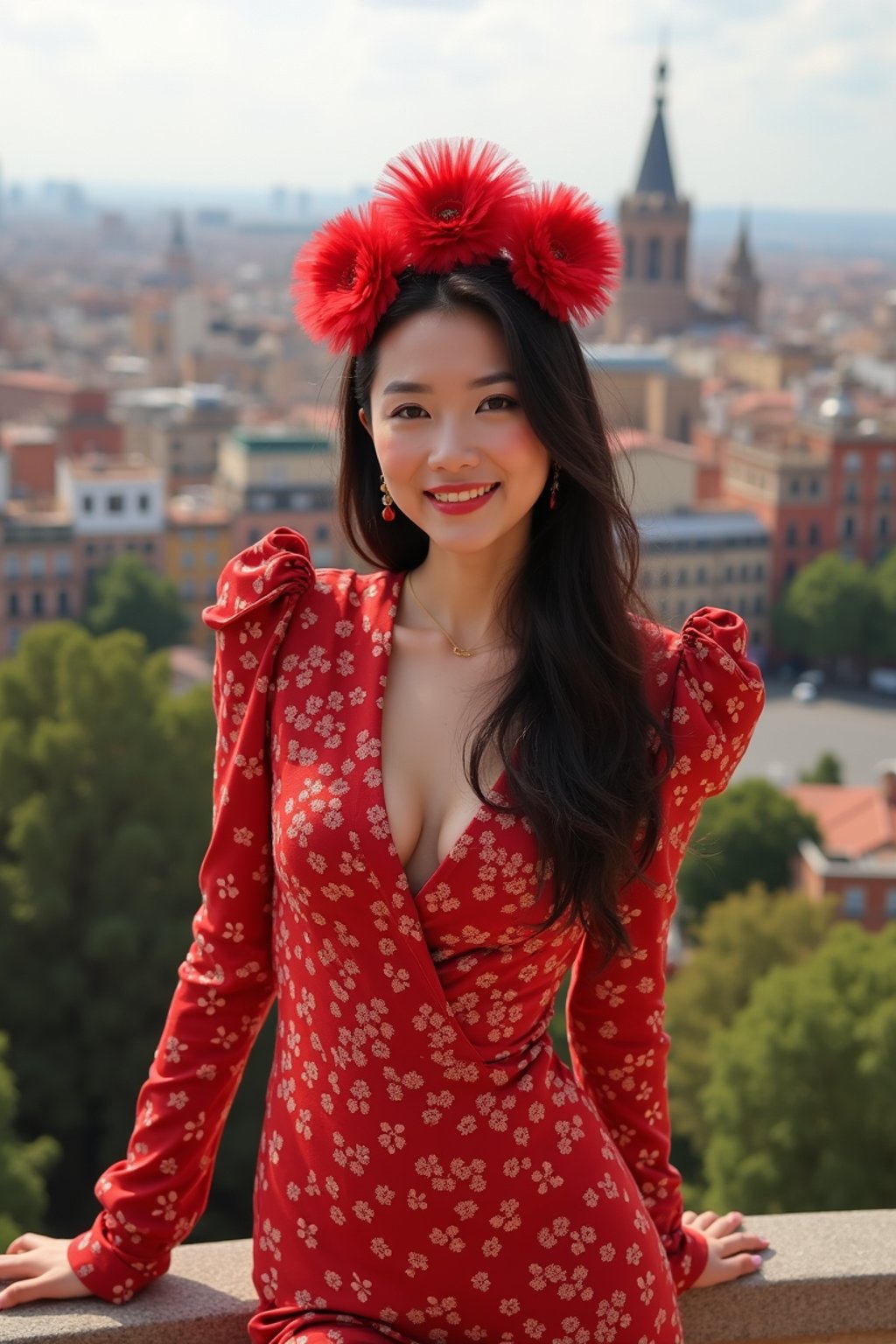 stylish and chic  woman in Barcelona wearing a flamenco-inspired dress/suit, Park Güell in the background