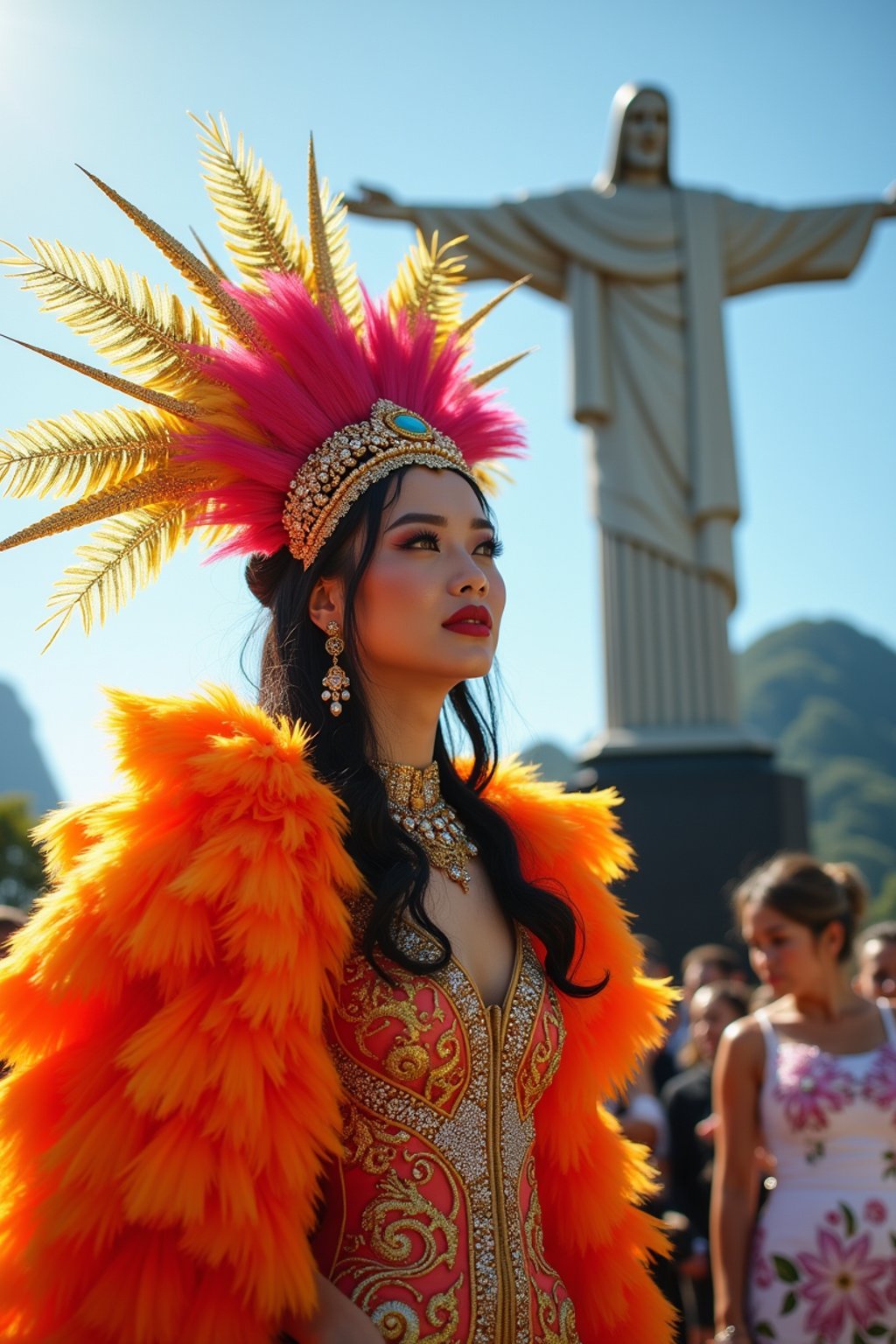 stylish and chic  woman in Rio de Janeiro wearing a vibrant carnival-inspired costume, Christ the Redeemer statue in the background