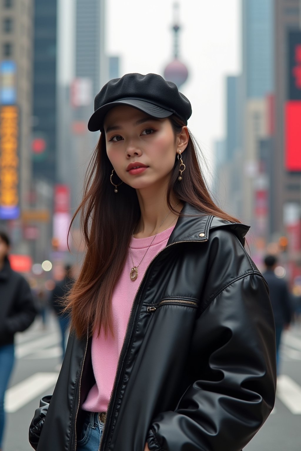 stylish and chic  woman in Shanghai wearing a contemporary streetwear outfit, Nanjing Road in the background