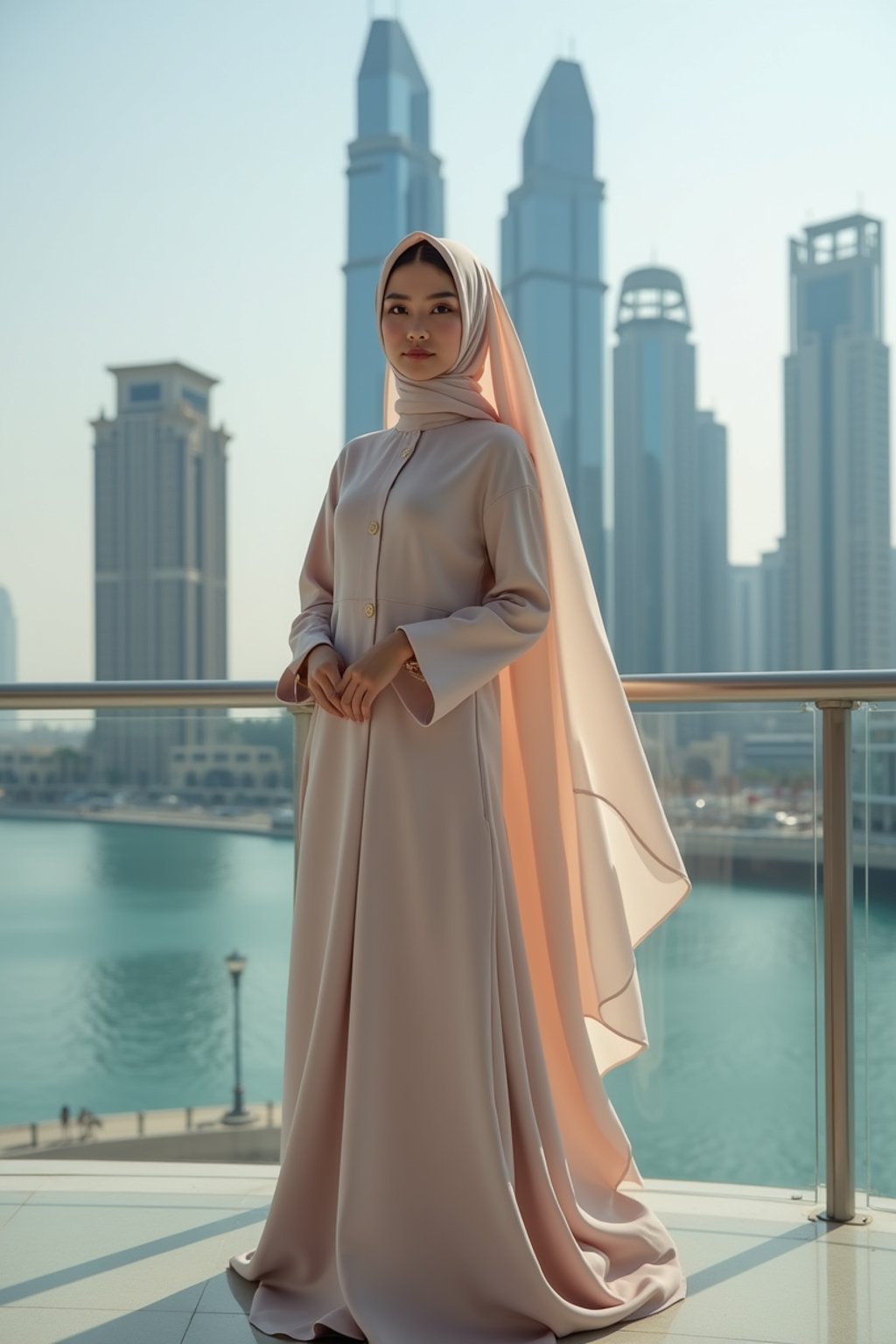 stylish and chic  woman in Dubai wearing a modern, chic abaya/thobe, skyscrapers of Dubai in the background