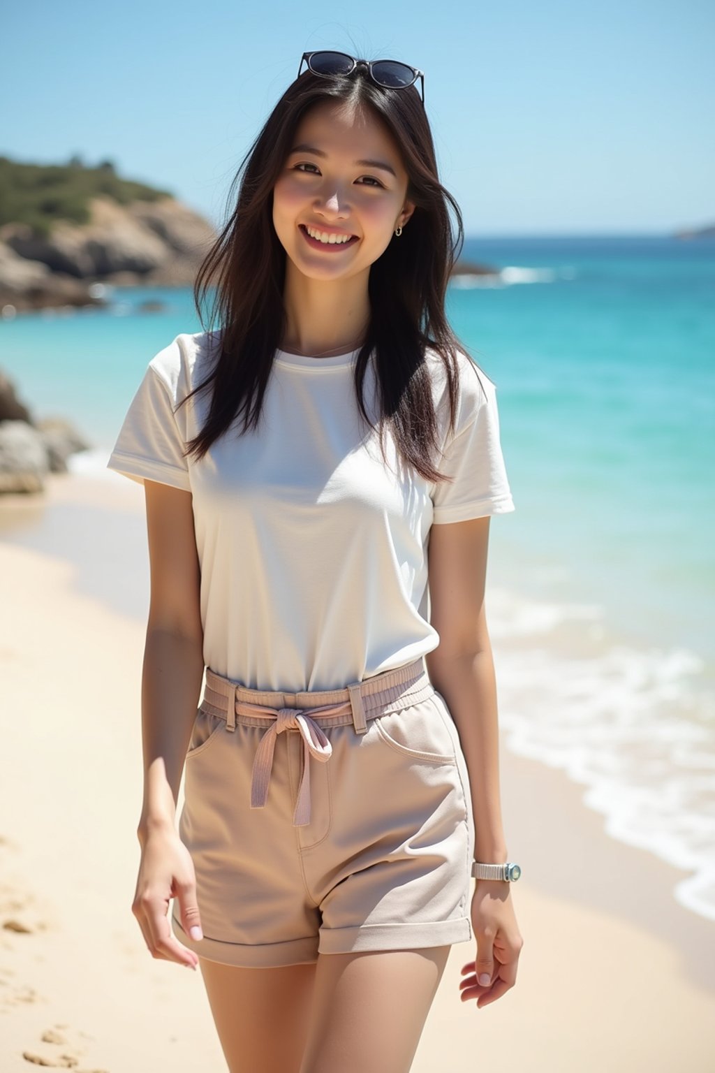 stylish and chic  woman in Sydney wearing a summer dress/shorts and t-shirt, Bondi Beach in the background