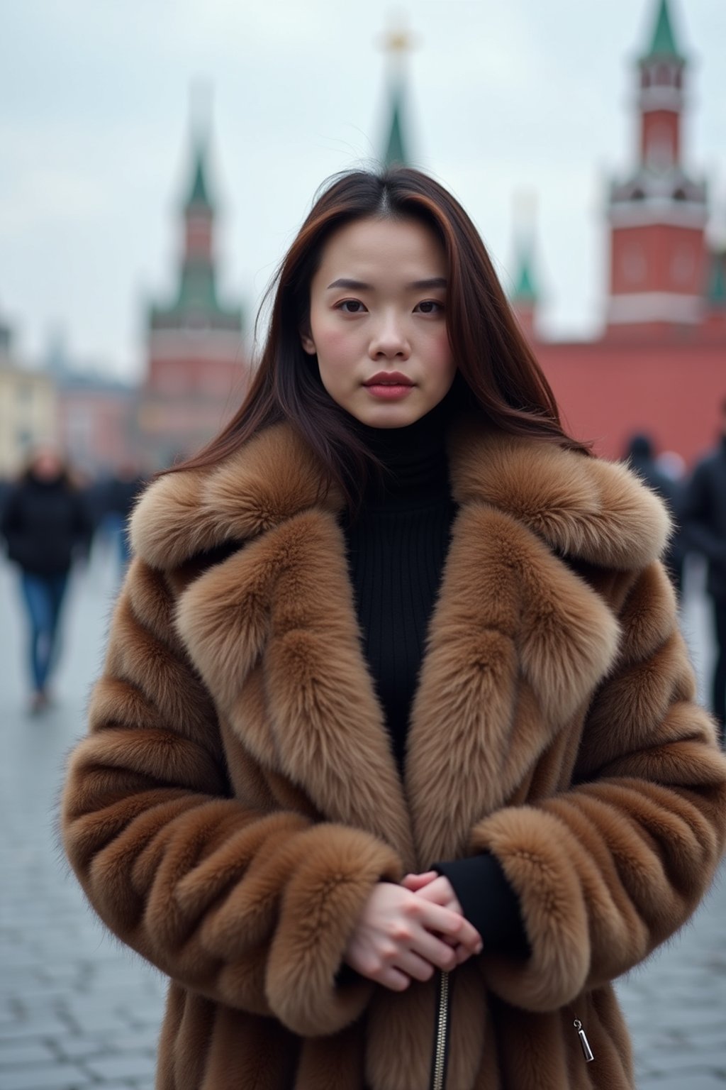 stylish and chic  woman in Moscow wearing a faux fur coat, Kremlin in the background