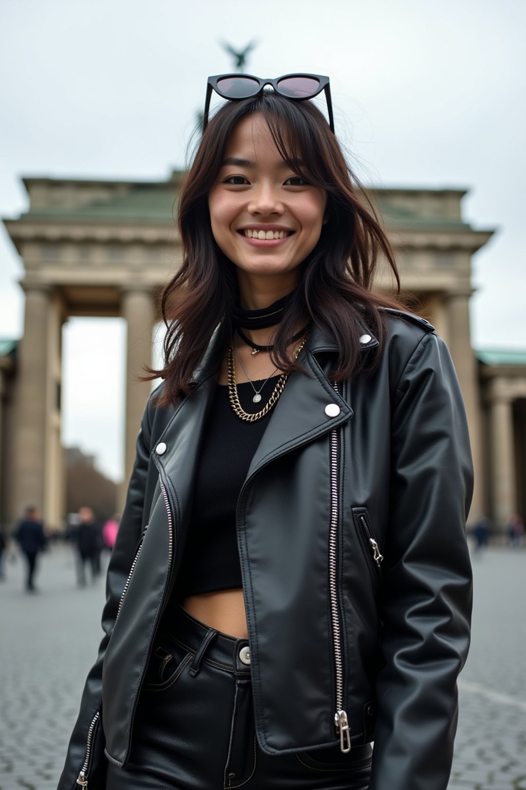 stylish and chic  woman in Berlin wearing a punk-inspired outfit, Brandenburg Gate in the background