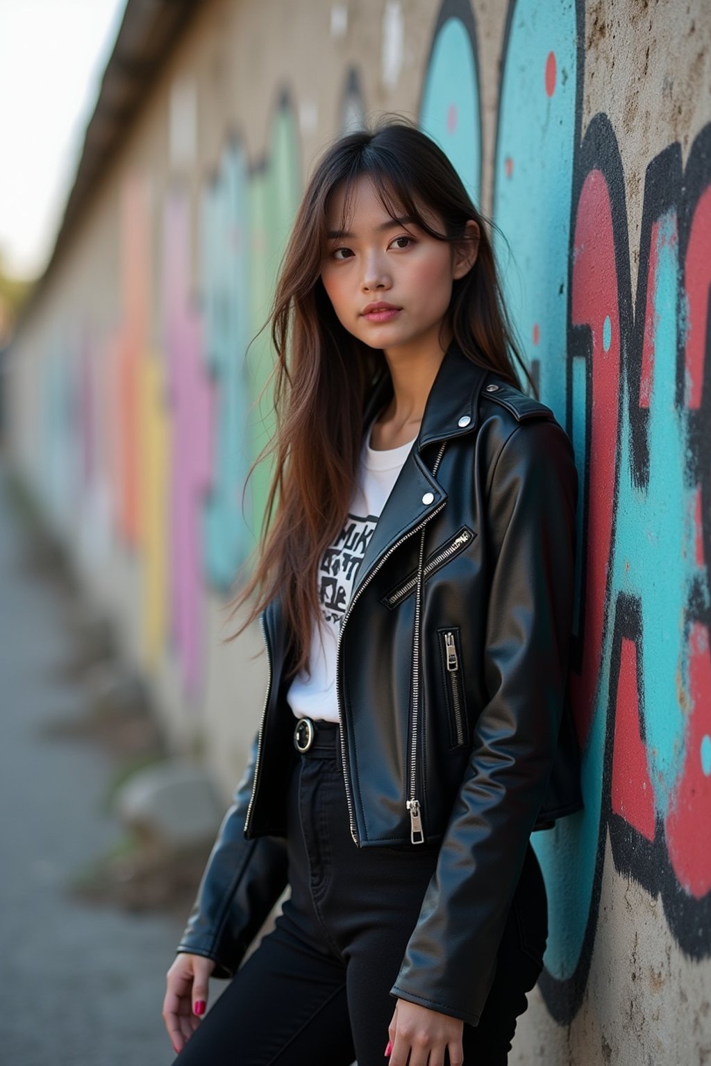 stylish and chic  woman in Berlin wearing a grunge-inspired outfit, Berlin Wall in the background