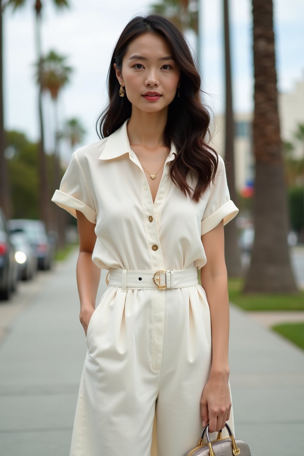 stylish and chic  woman in Los Angeles wearing a summer dress/linen suit, palm trees in the background