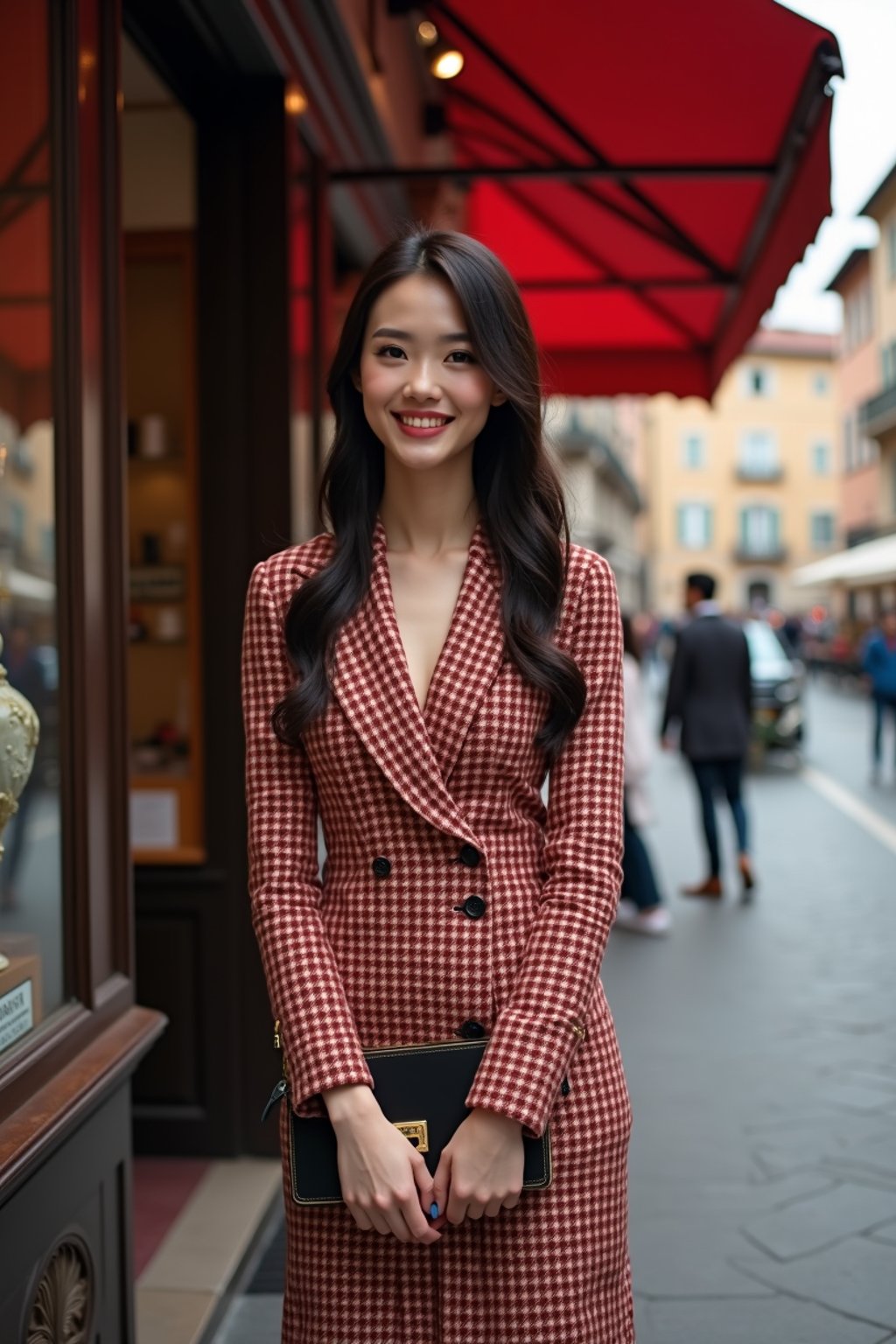 stylish and chic  woman in Milan wearing high fashion attire in front of a classic Italian café