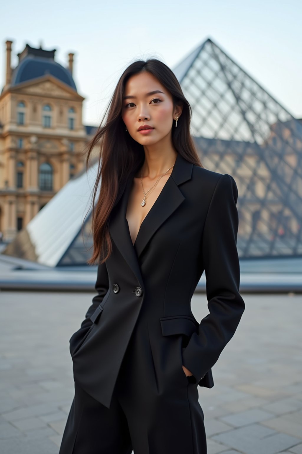 stylish and chic  woman in Paris wearing a chic black dress/suit, Louvre pyramid in the background