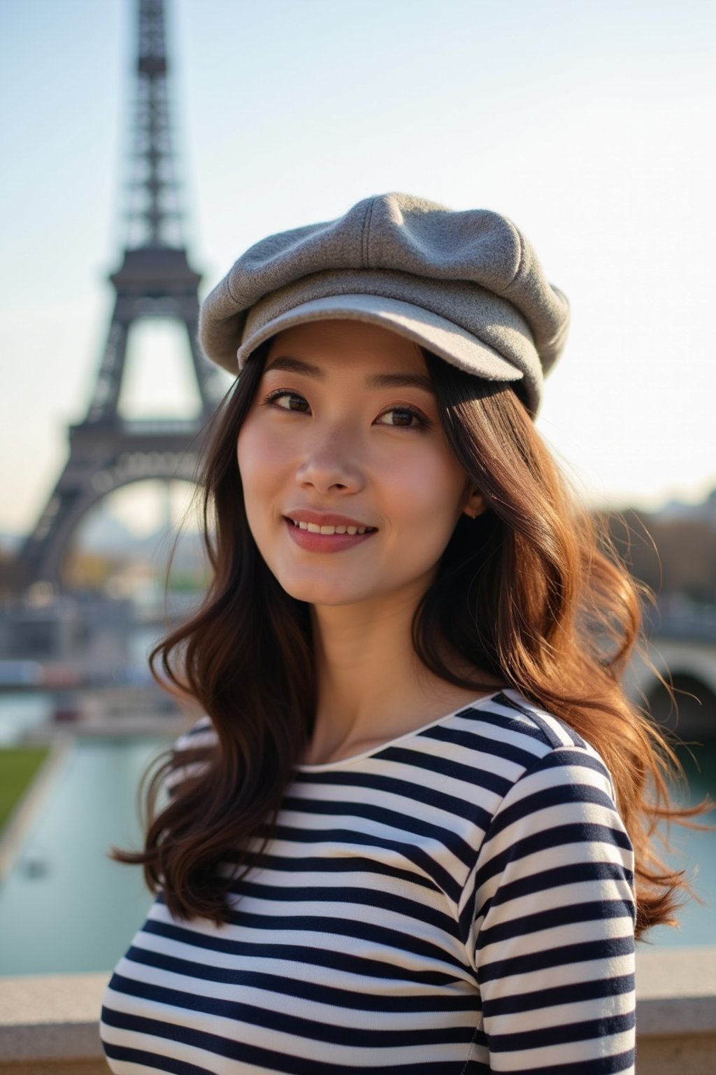 stylish and chic  woman in Paris, wearing a beret and striped top, Eiffel Tower in the background