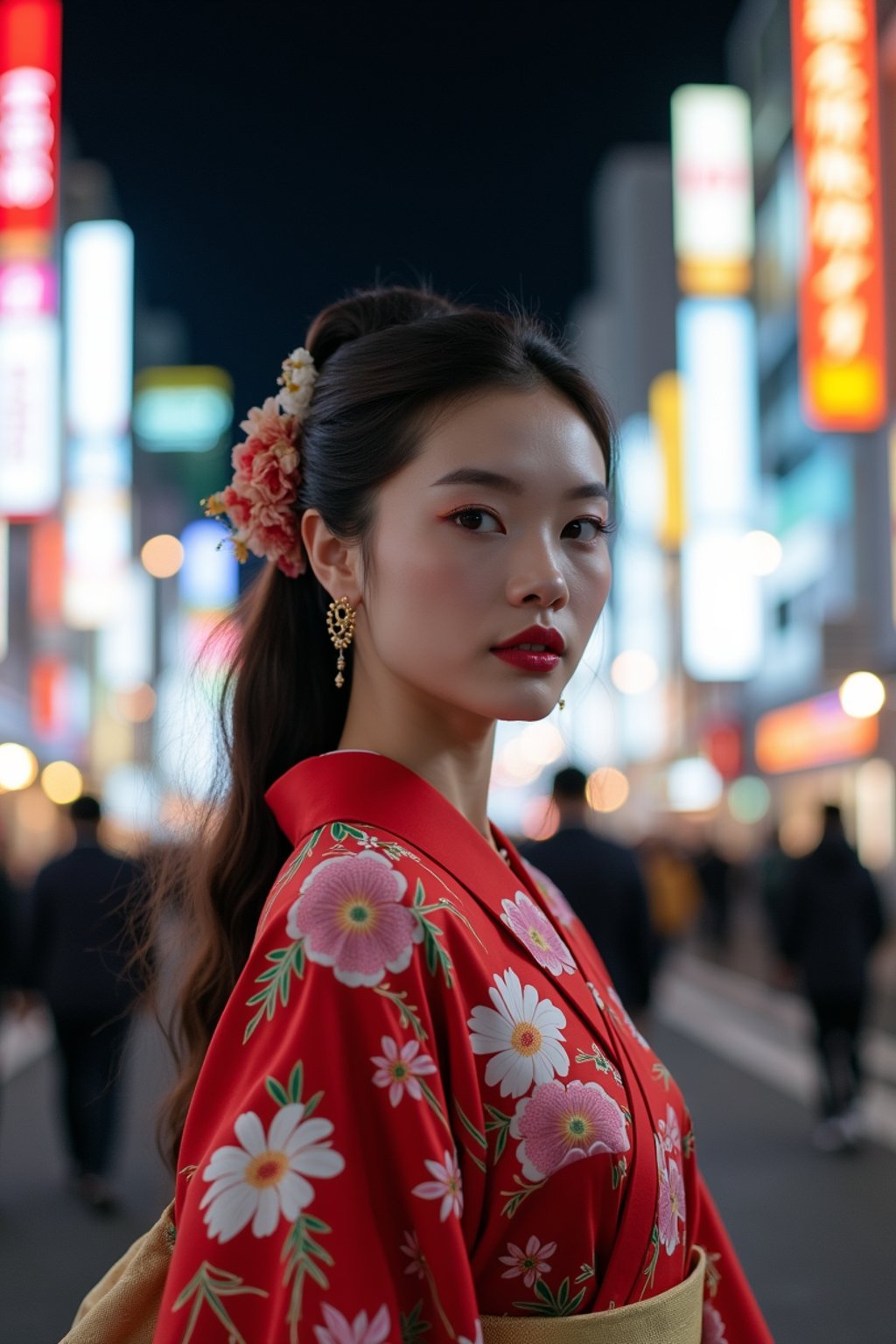 stylish and chic  woman in Tokyo wearing a modern take on a traditional kimono, neon lights of the city in the background