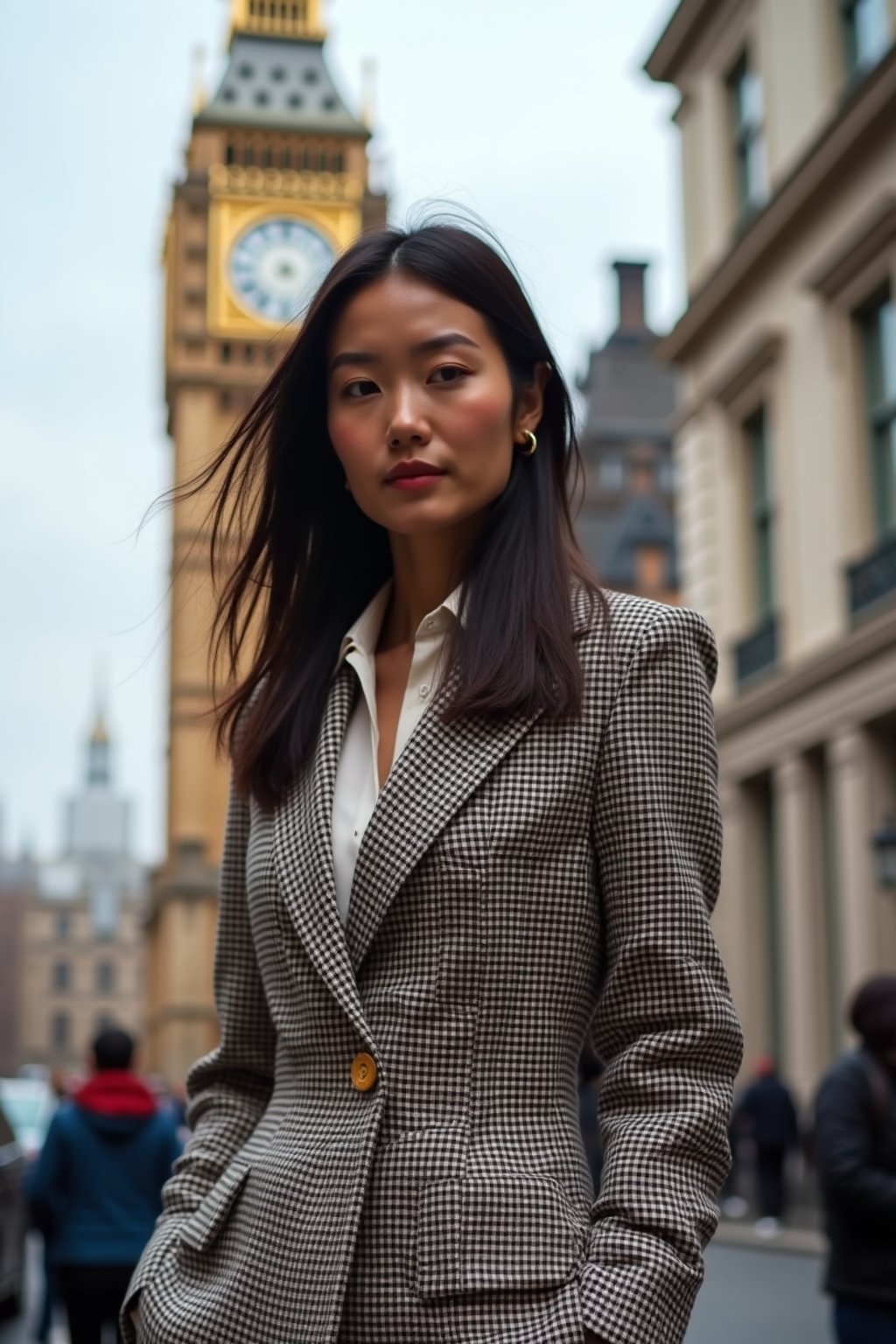 stylish and chic  woman in London wearing a checkered suit, Big Ben in the background