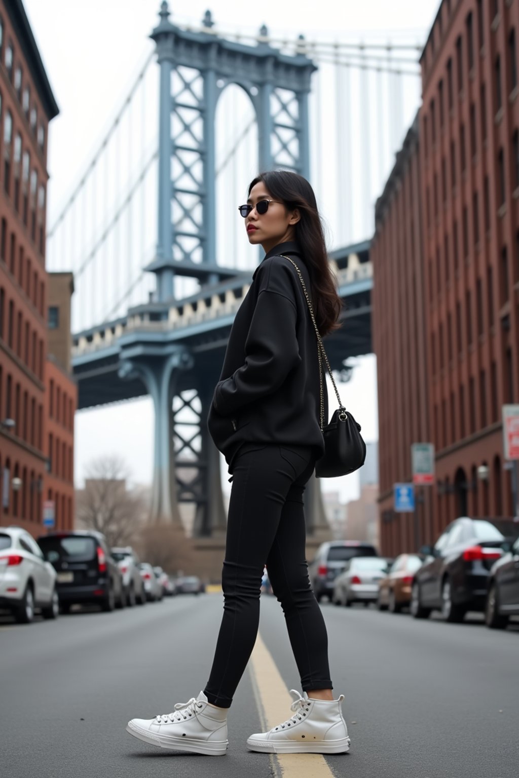 stylish and chic  woman in New York City wearing an oversized sweatshirt and high top sneakers, Brooklyn Bridge in the background