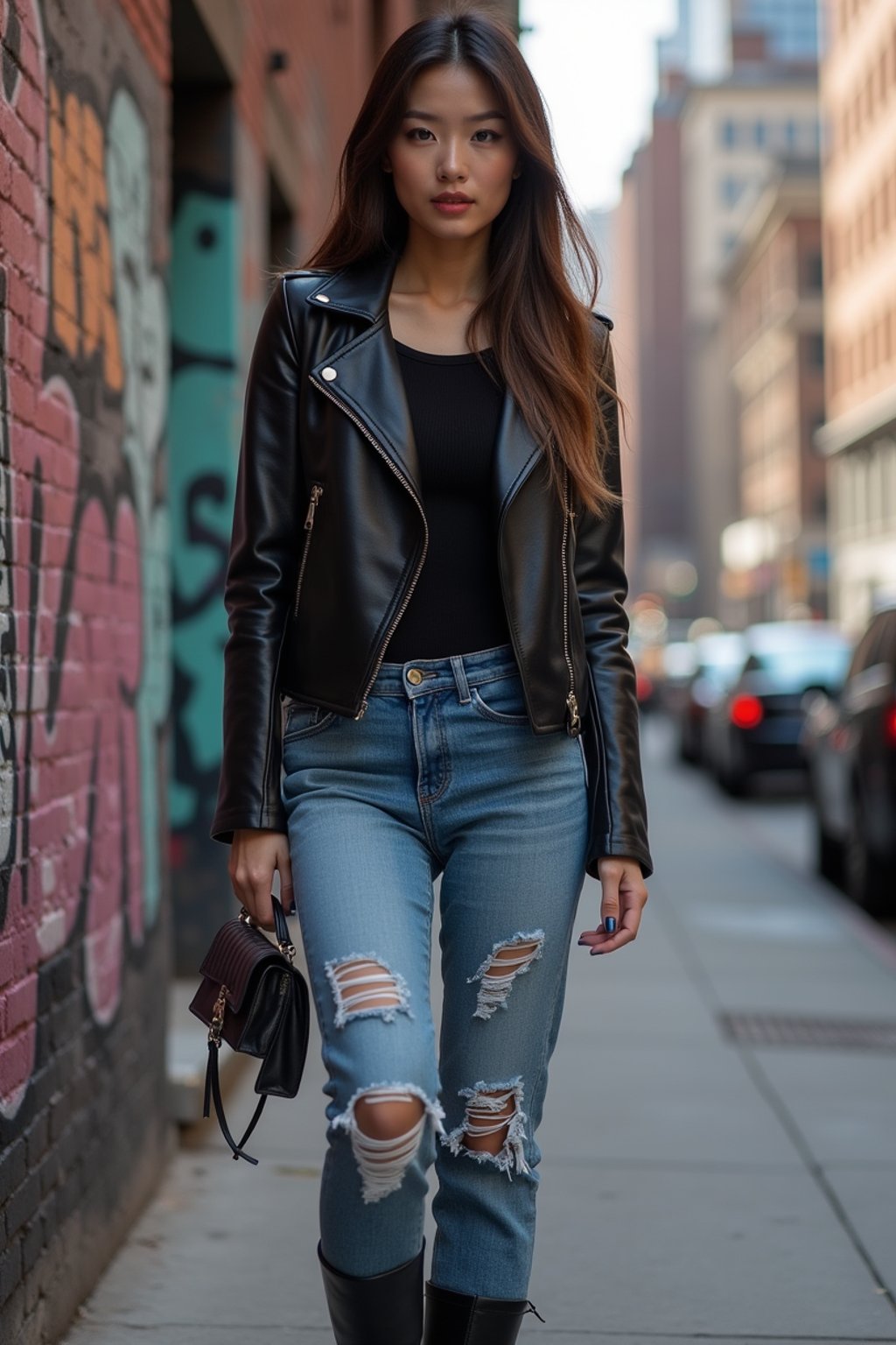 stylish and chic  woman in New York City wearing a leather jacket, jeans, and boots with urban graffiti in the background