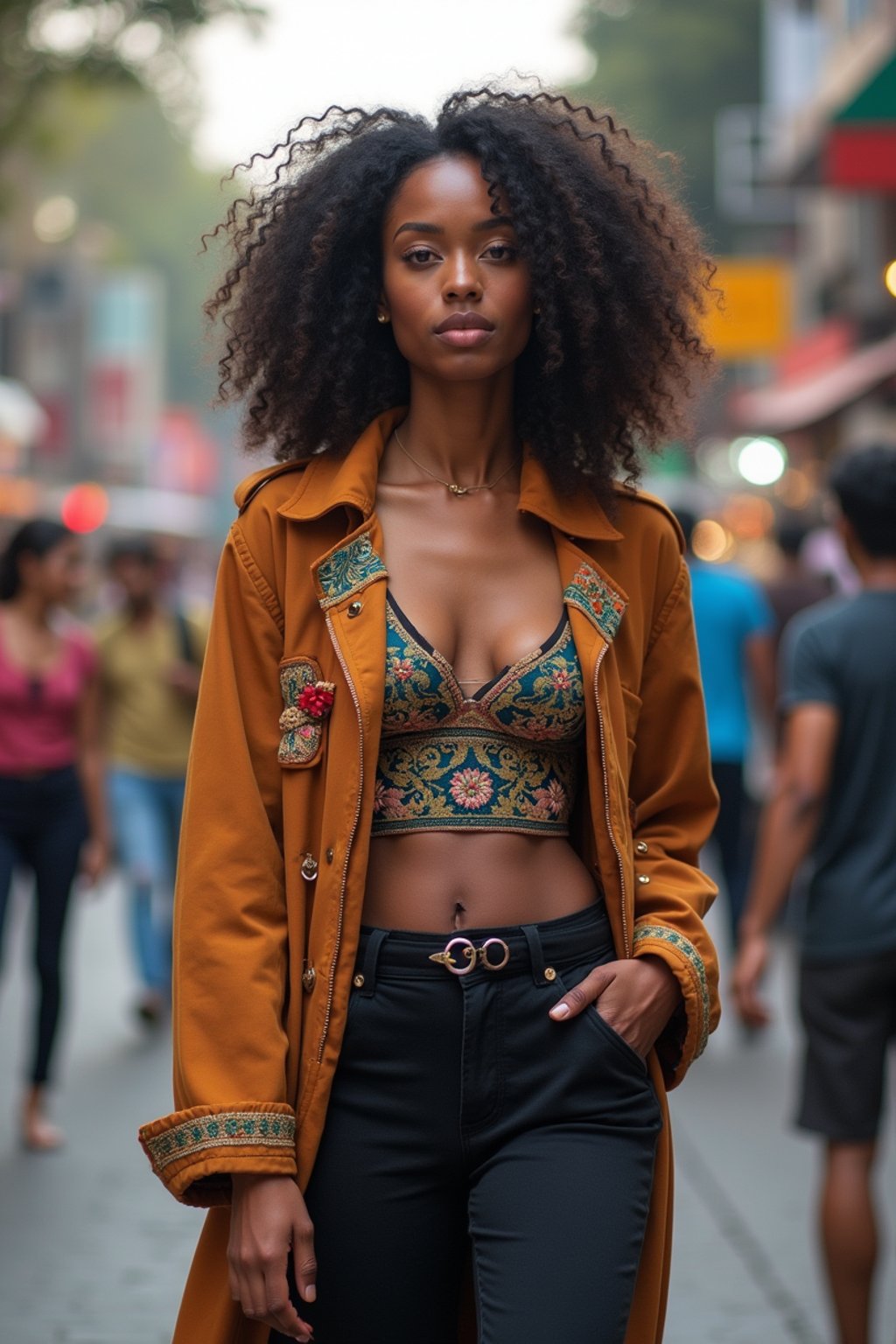 stylish and chic  woman in Mumbai wearing a contemporary fusion outfit, bustling streets of Mumbai in the background