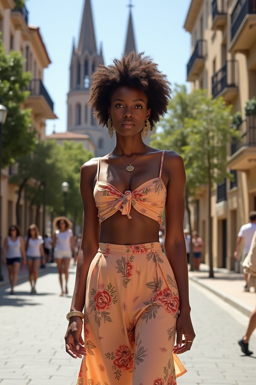 stylish and chic  woman in Barcelona wearing a stylish summer outfit, La Sagrada Família in the background