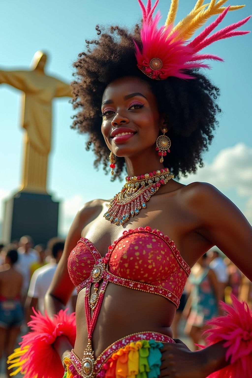 stylish and chic  woman in Rio de Janeiro wearing a vibrant carnival-inspired costume, Christ the Redeemer statue in the background