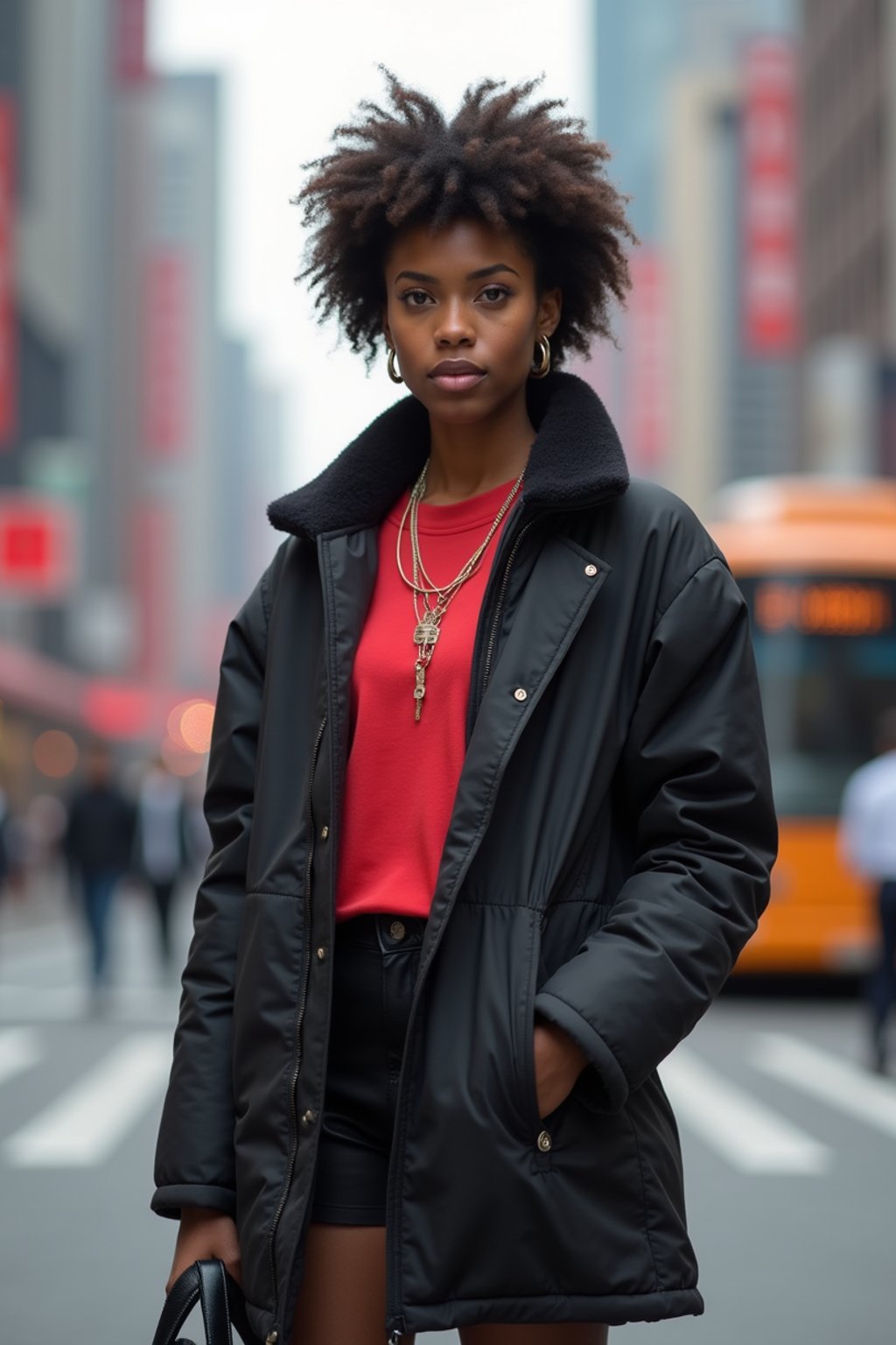 stylish and chic  woman in Shanghai wearing a contemporary streetwear outfit, Nanjing Road in the background