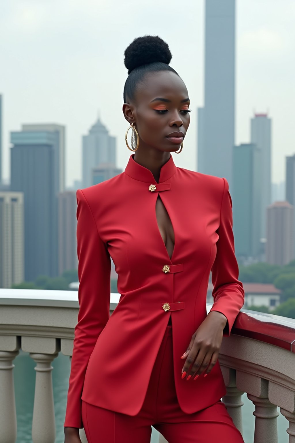 stylish and chic  woman in Shanghai wearing a traditional qipao/mandarin-collar suit, modern skyline in the background