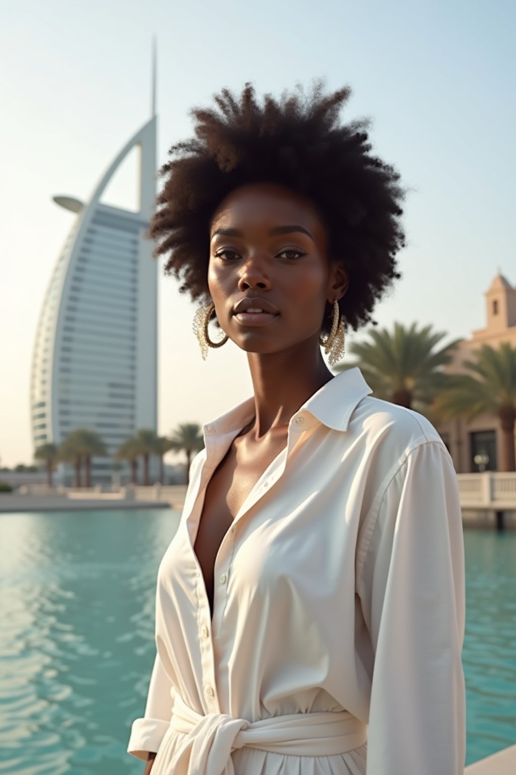 stylish and chic  woman in Dubai wearing a stylish sundress/linen shirt, the Atlantis hotel in the background