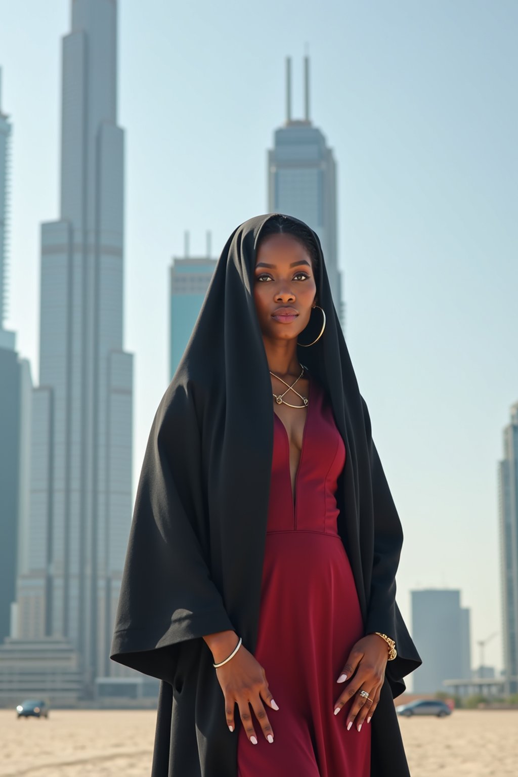 stylish and chic  woman in Dubai wearing a modern, chic abaya/thobe, skyscrapers of Dubai in the background