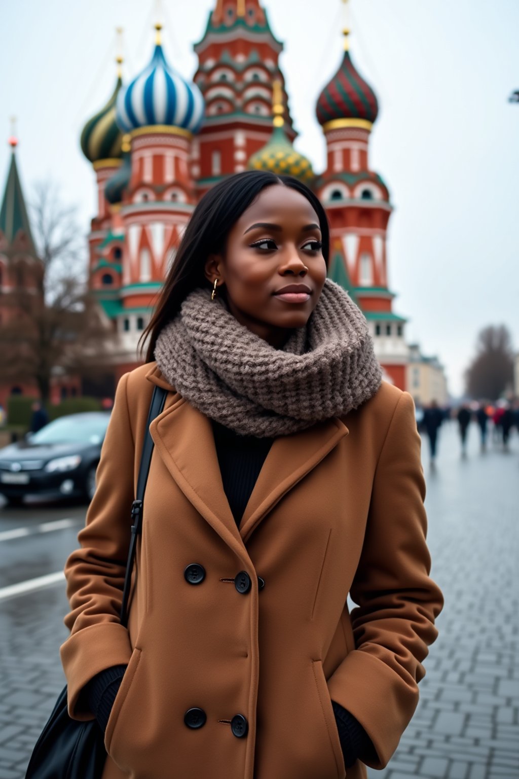 stylish and chic  woman in Moscow wearing a stylish coat and scarf, Saint Basil's Cathedral in the background