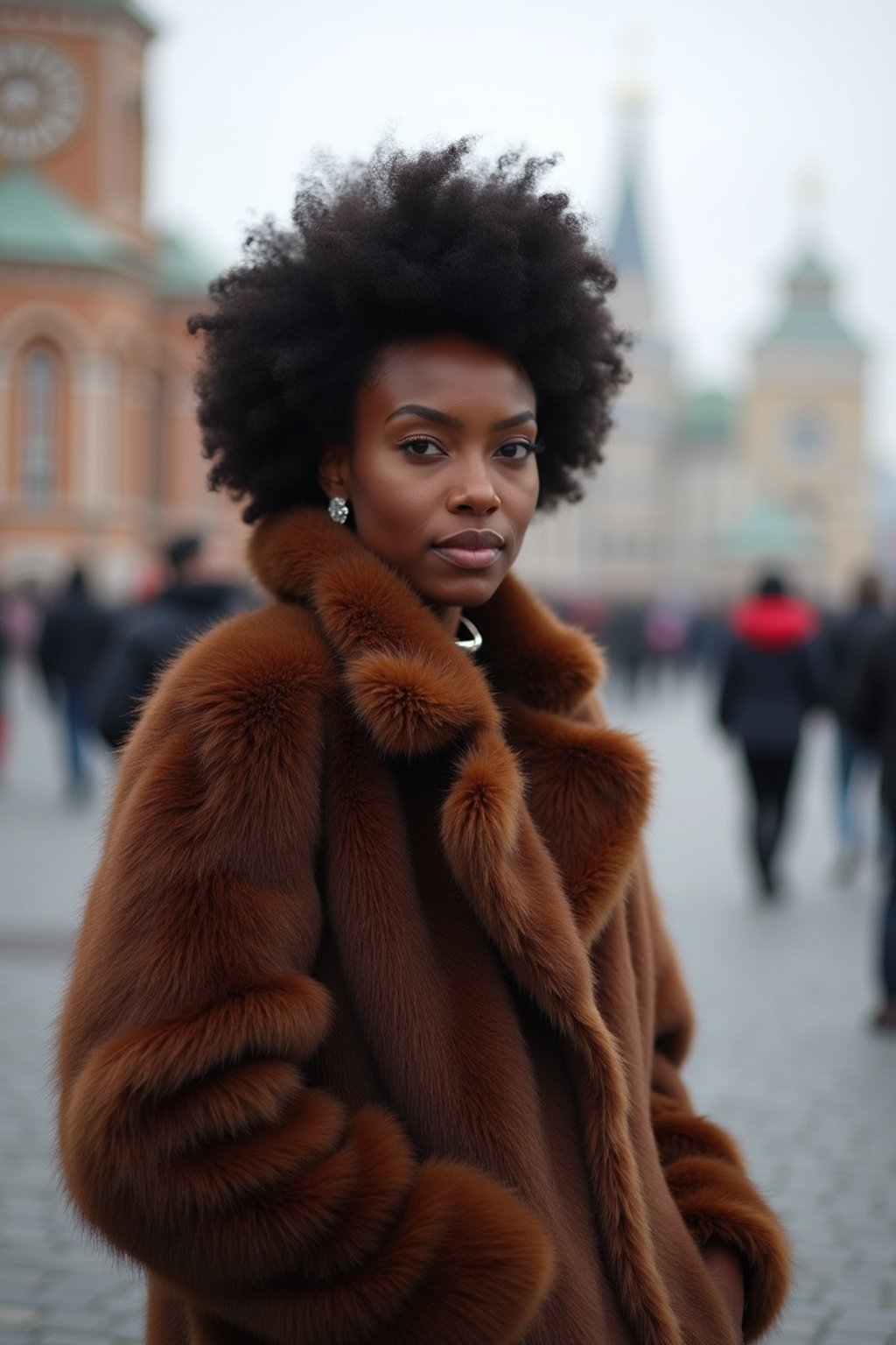 stylish and chic  woman in Moscow wearing a faux fur coat, Kremlin in the background