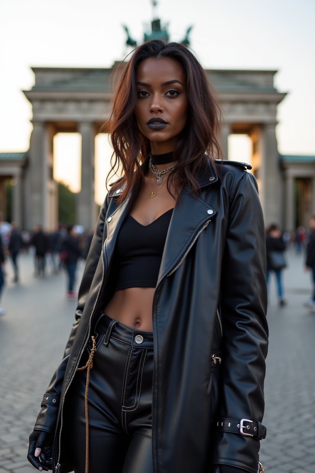 stylish and chic  woman in Berlin wearing a punk-inspired outfit, Brandenburg Gate in the background