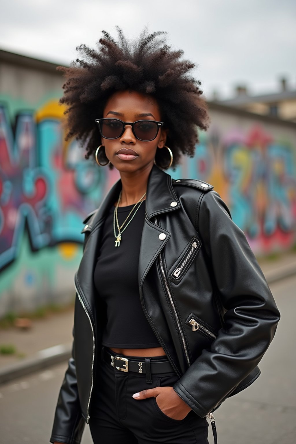 stylish and chic  woman in Berlin wearing a grunge-inspired outfit, Berlin Wall in the background