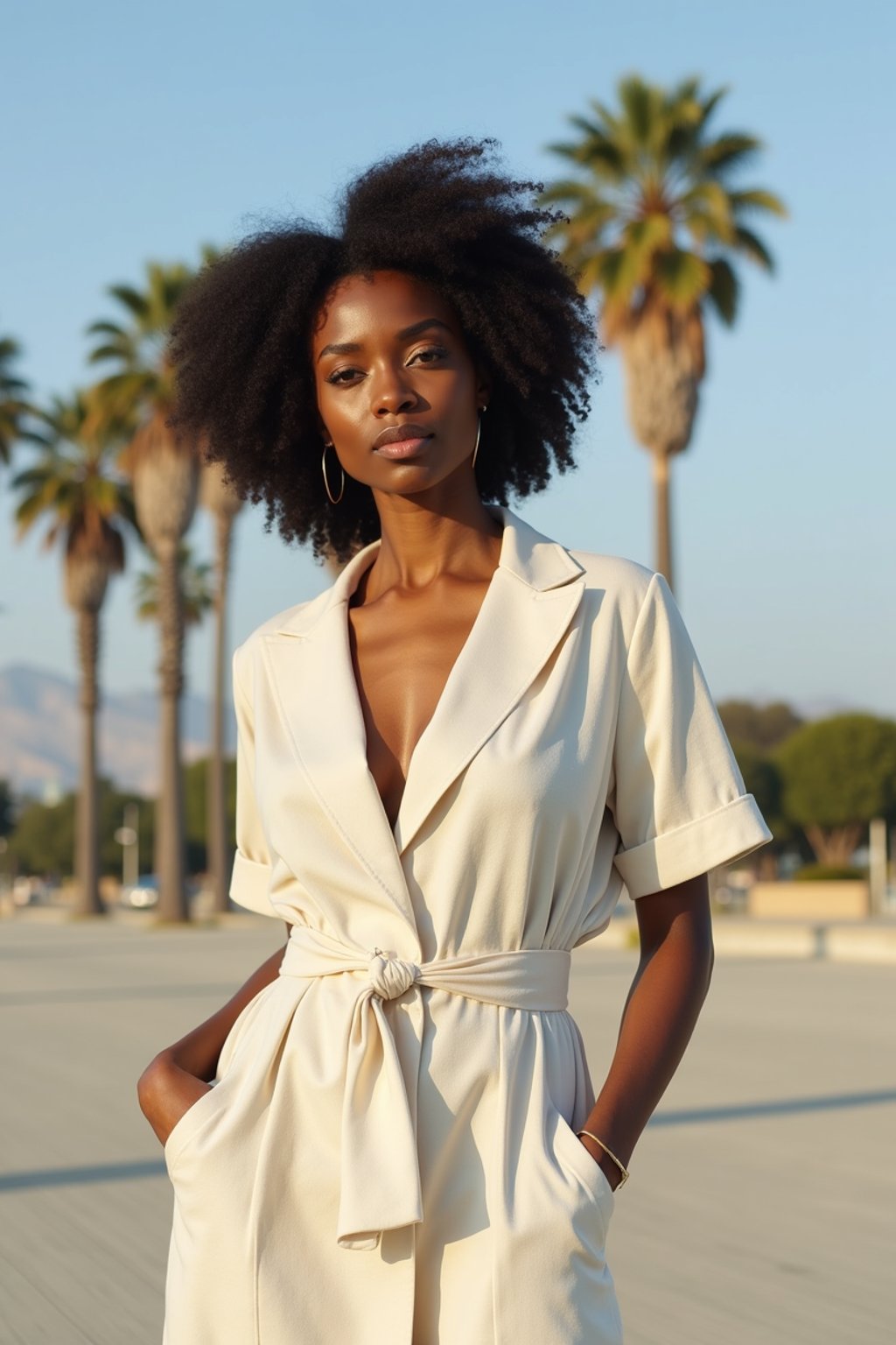 stylish and chic  woman in Los Angeles wearing a summer dress/linen suit, palm trees in the background