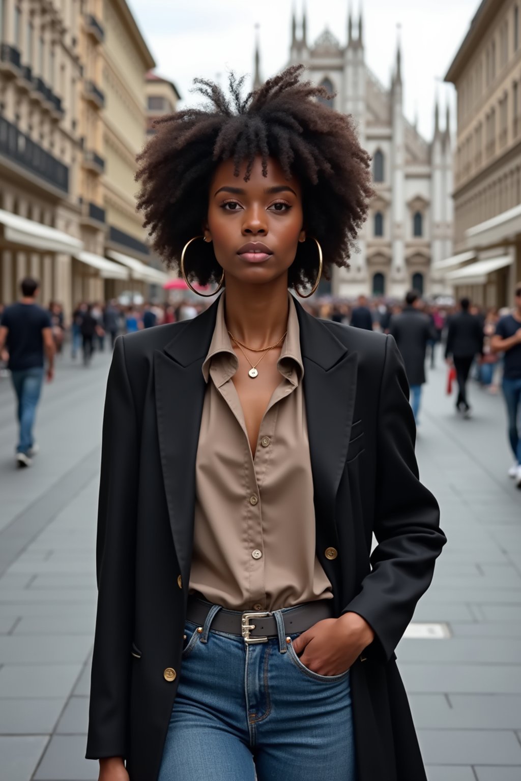 stylish and chic  woman in Milan wearing a fashionable blazer and jeans, Duomo di Milano in the background