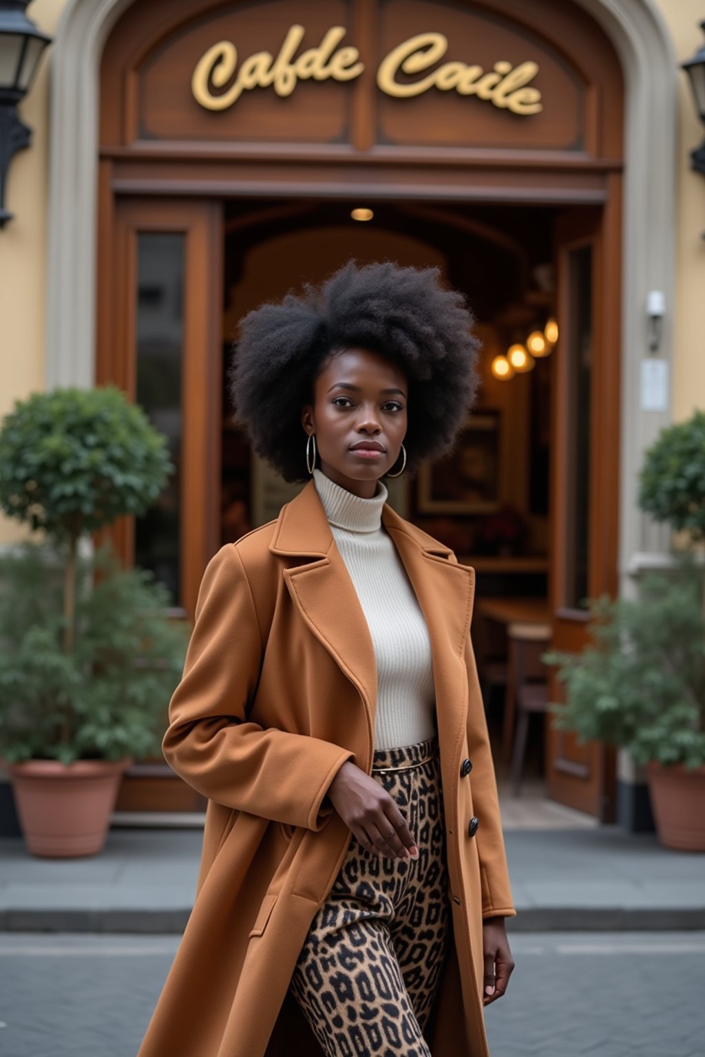 stylish and chic  woman in Milan wearing high fashion attire in front of a classic Italian café