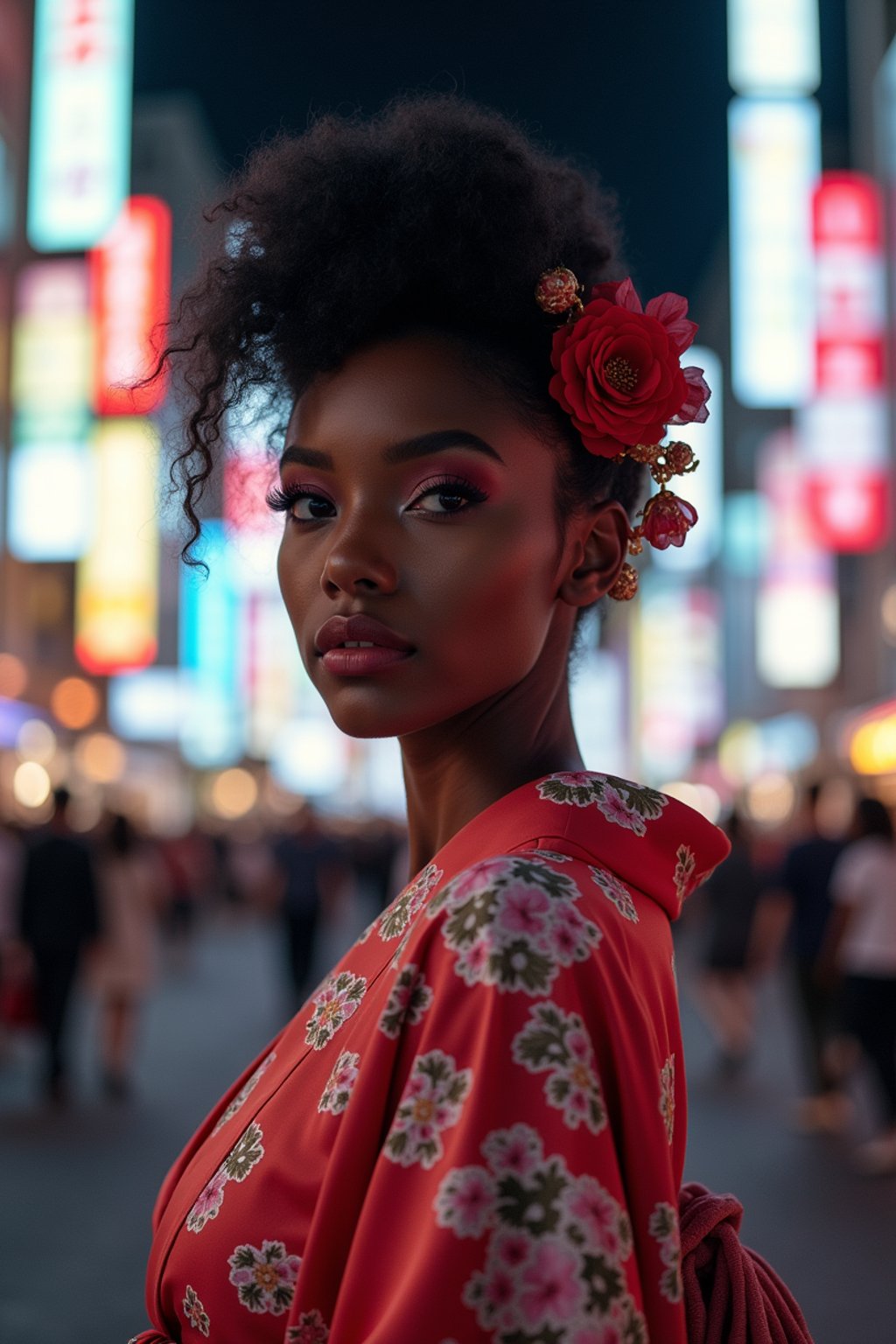 stylish and chic  woman in Tokyo wearing a modern take on a traditional kimono, neon lights of the city in the background