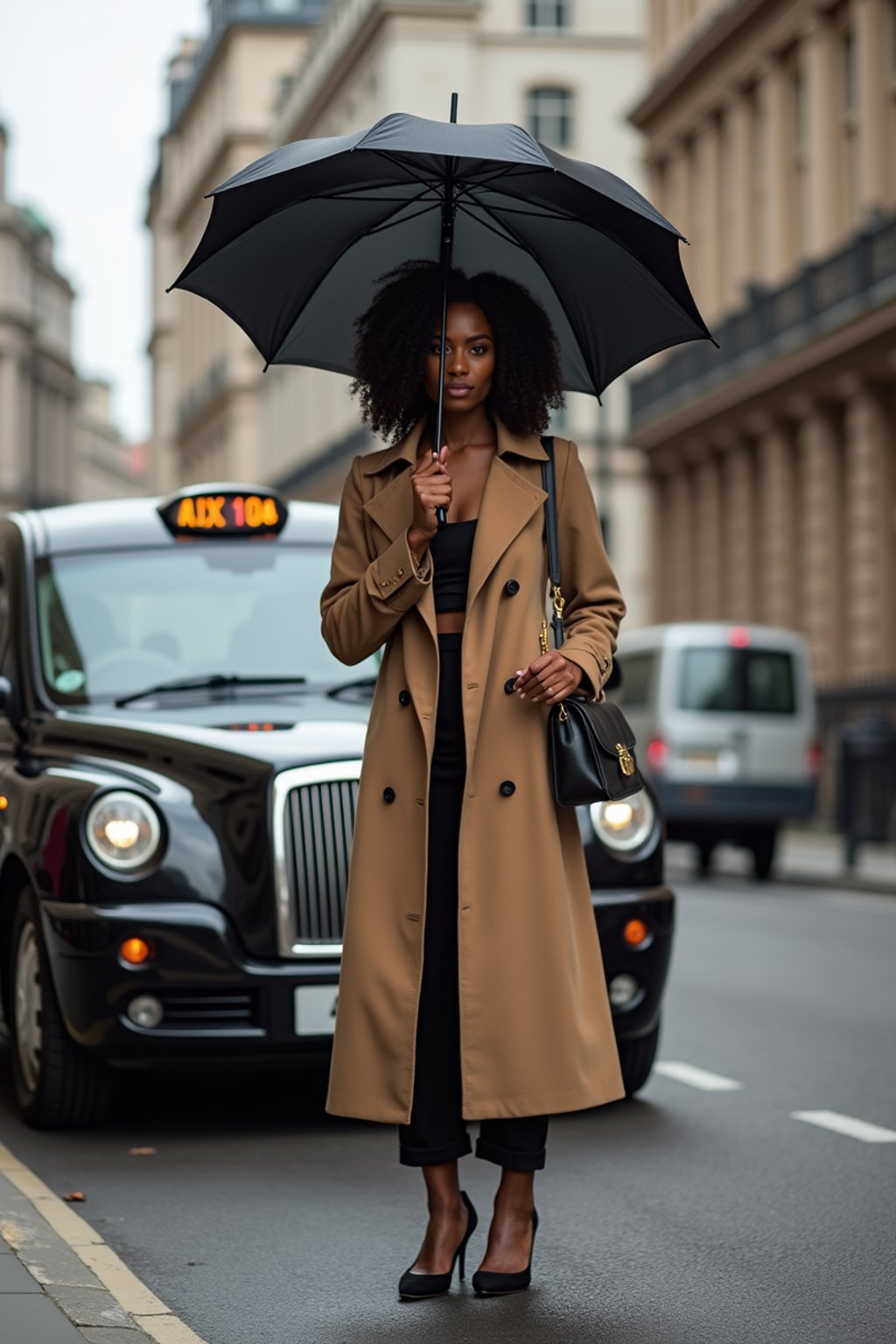 stylish and chic  woman in London sporting a trench coat and holding an umbrella, iconic London cab in the background