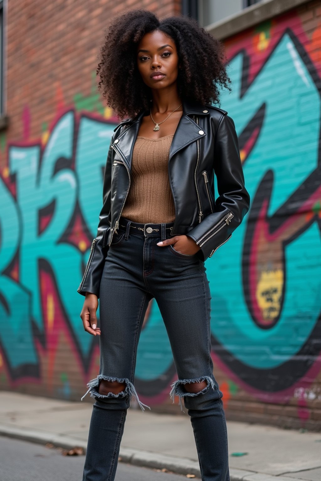 stylish and chic  woman in New York City wearing a leather jacket, jeans, and boots with urban graffiti in the background