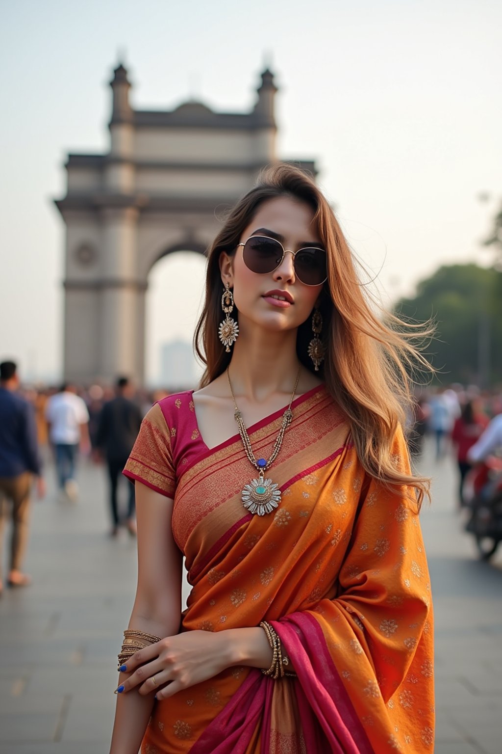 stylish and chic  woman in Mumbai wearing a vibrant saree/kurta, Gateway of India in the background