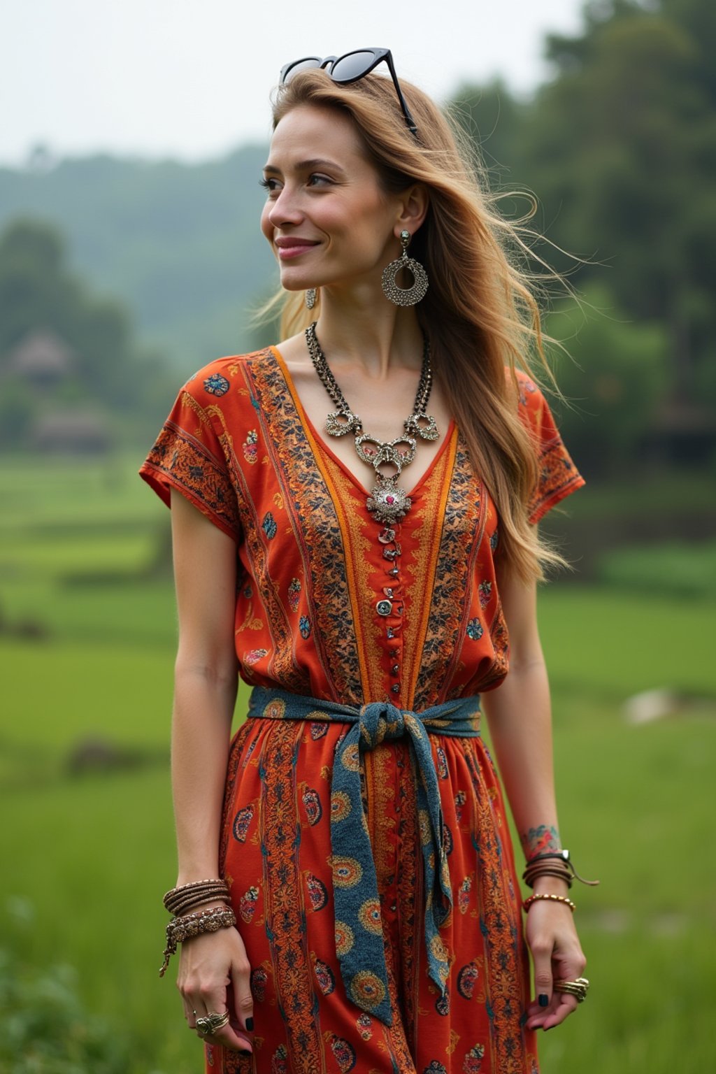 stylish and chic  woman in Bali wearing vibrant Batik clothes, Bali, Indonesia in the background