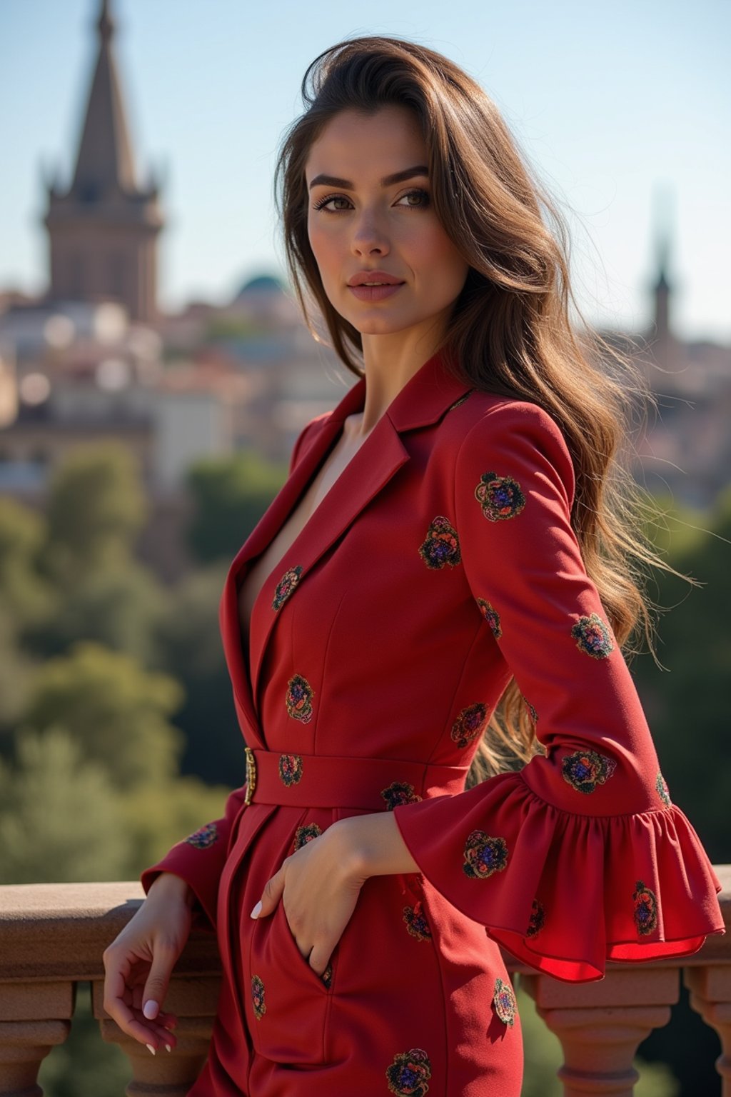 stylish and chic  woman in Barcelona wearing a flamenco-inspired dress/suit, Park Güell in the background