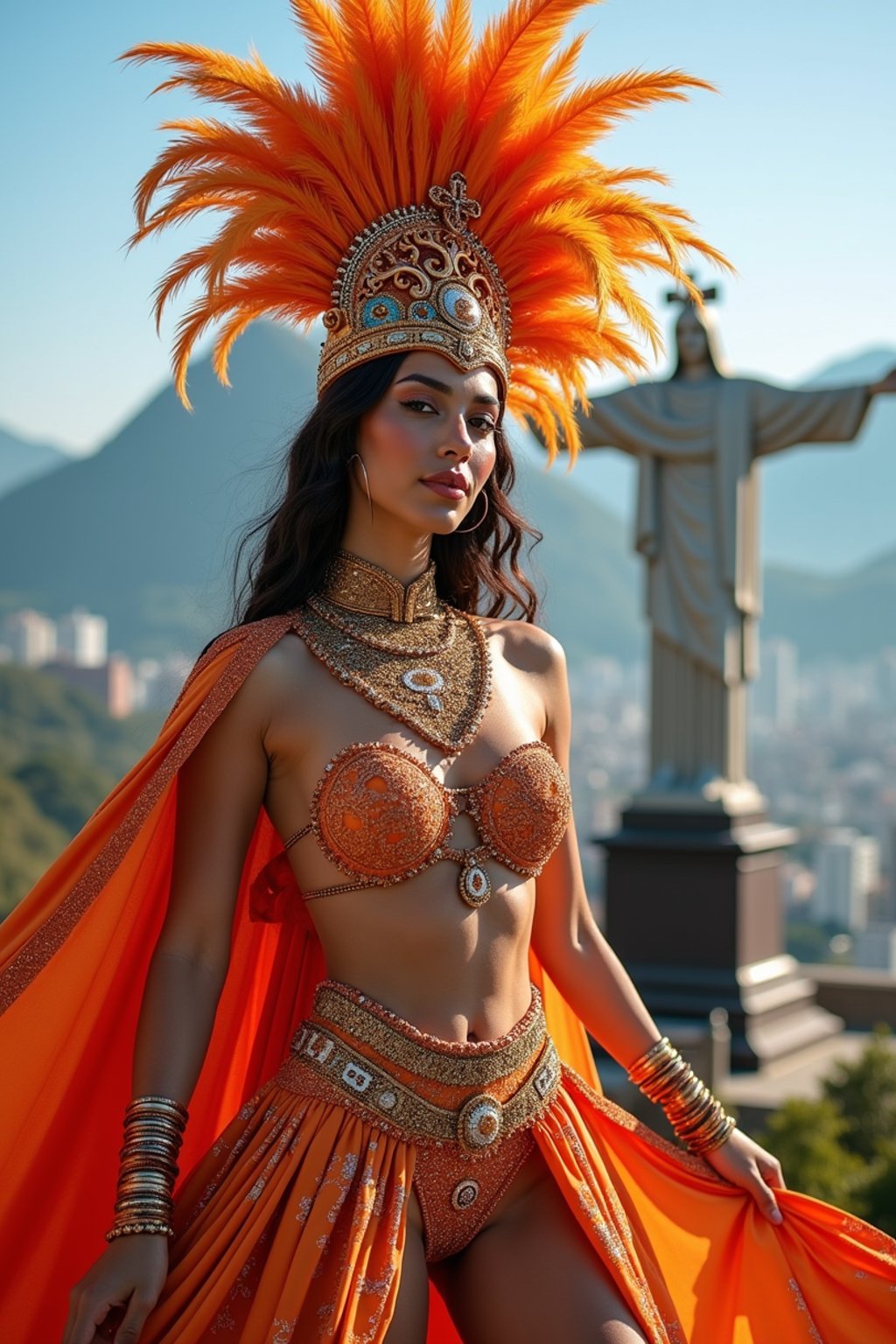 stylish and chic  woman in Rio de Janeiro wearing a vibrant carnival-inspired costume, Christ the Redeemer statue in the background