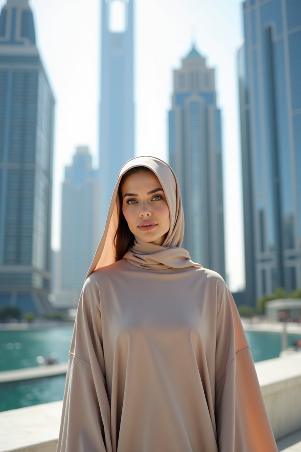 stylish and chic  woman in Dubai wearing a modern, chic abaya/thobe, skyscrapers of Dubai in the background