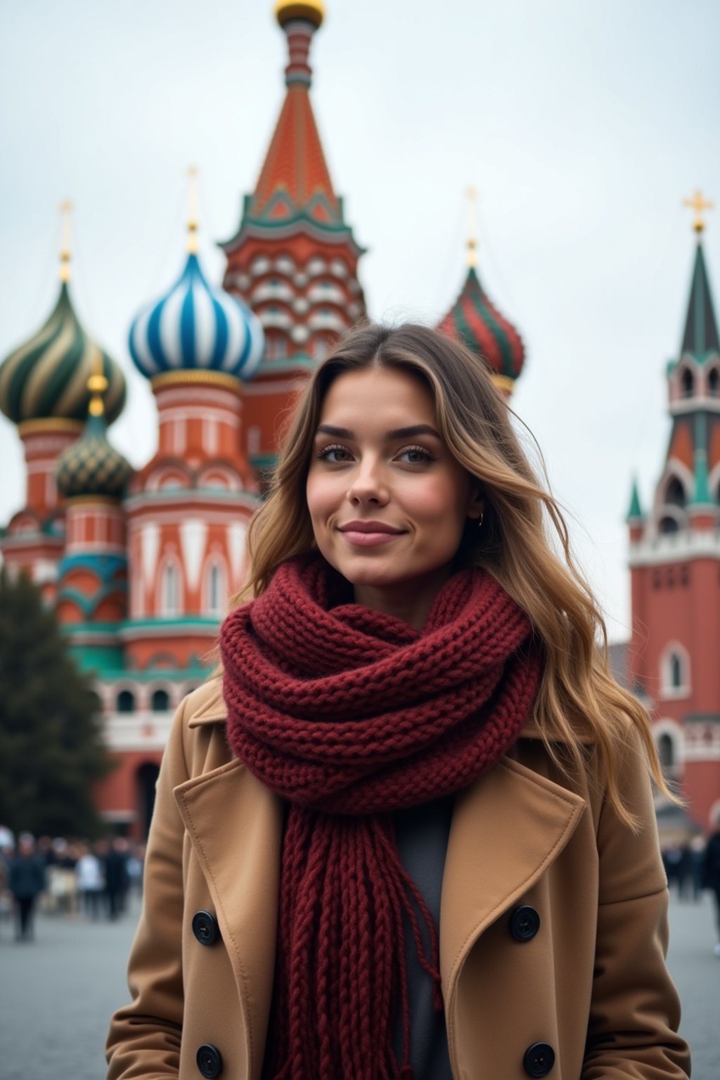 stylish and chic  woman in Moscow wearing a stylish coat and scarf, Saint Basil's Cathedral in the background