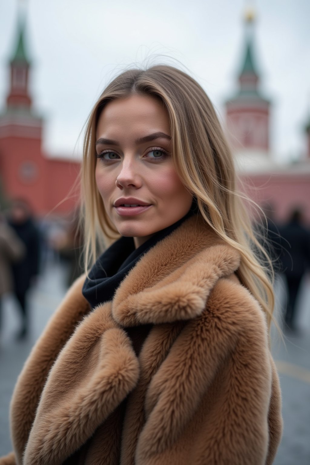 stylish and chic  woman in Moscow wearing a faux fur coat, Kremlin in the background