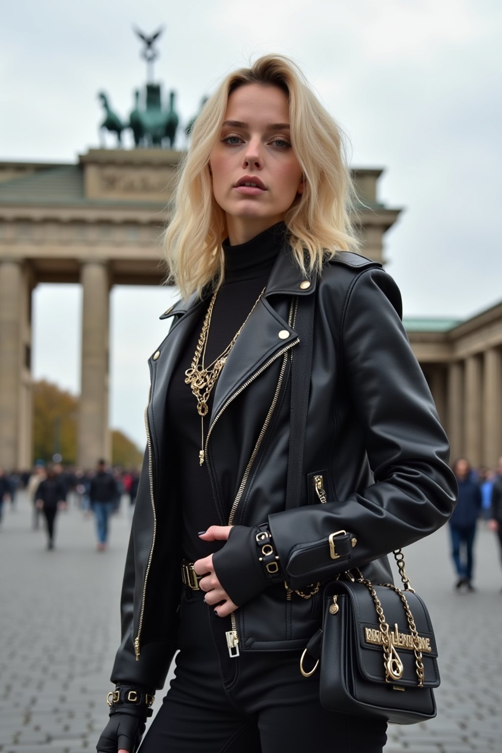 stylish and chic  woman in Berlin wearing a punk-inspired outfit, Brandenburg Gate in the background