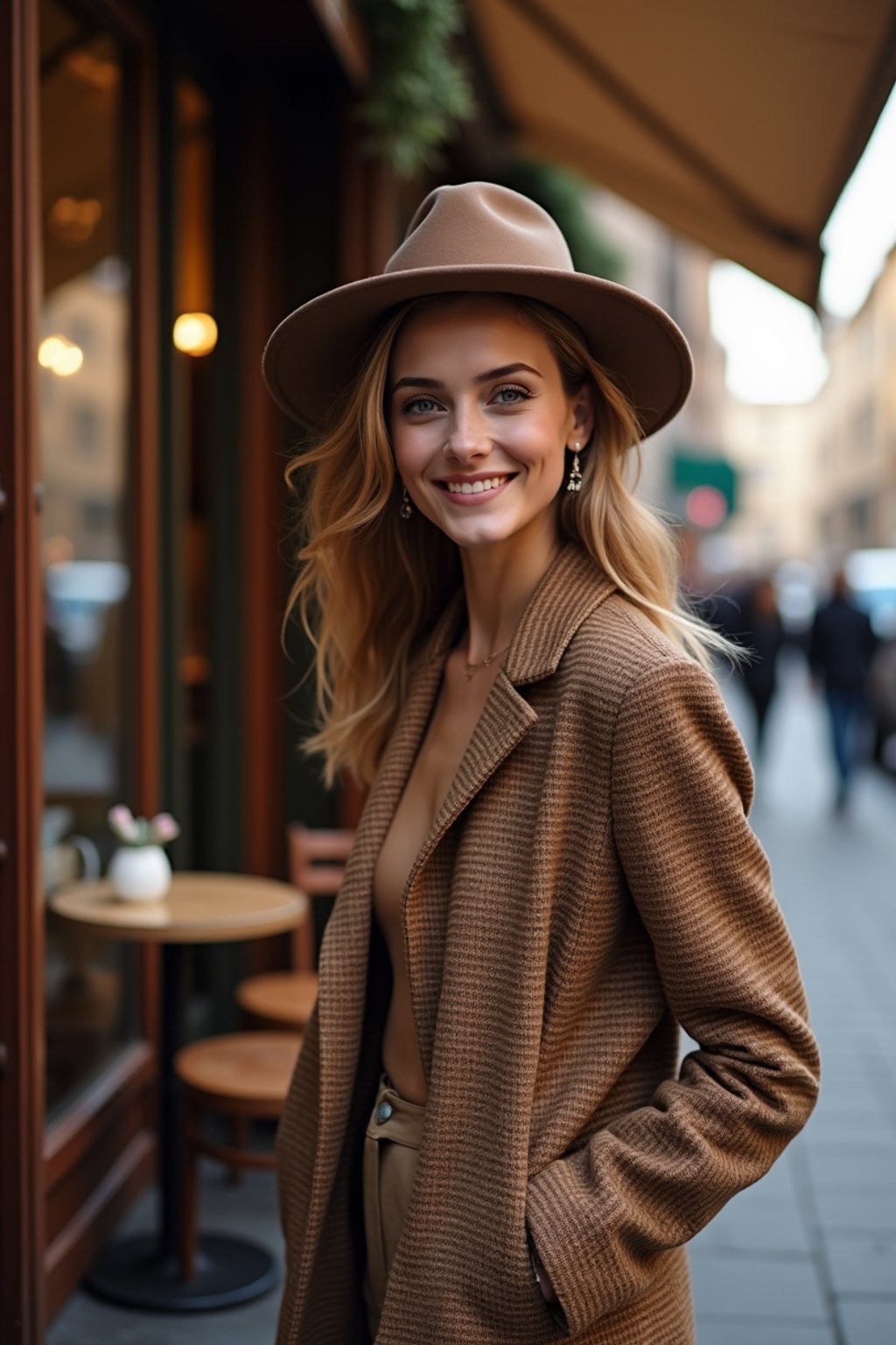 stylish and chic  woman in Milan wearing high fashion attire in front of a classic Italian café