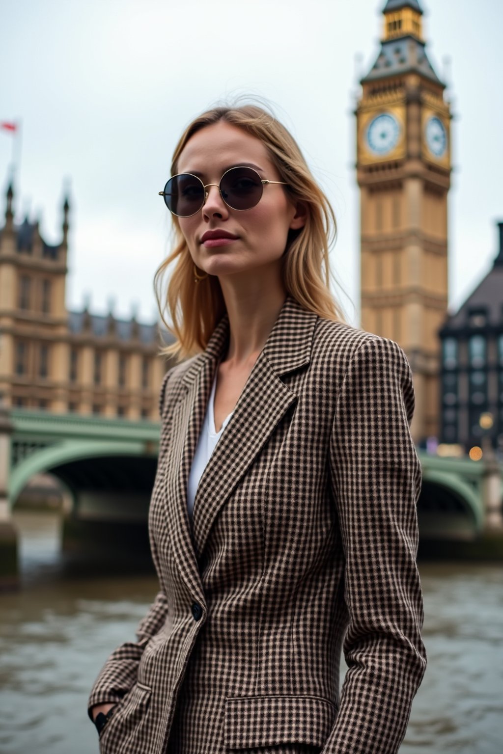 stylish and chic  woman in London wearing a checkered suit, Big Ben in the background