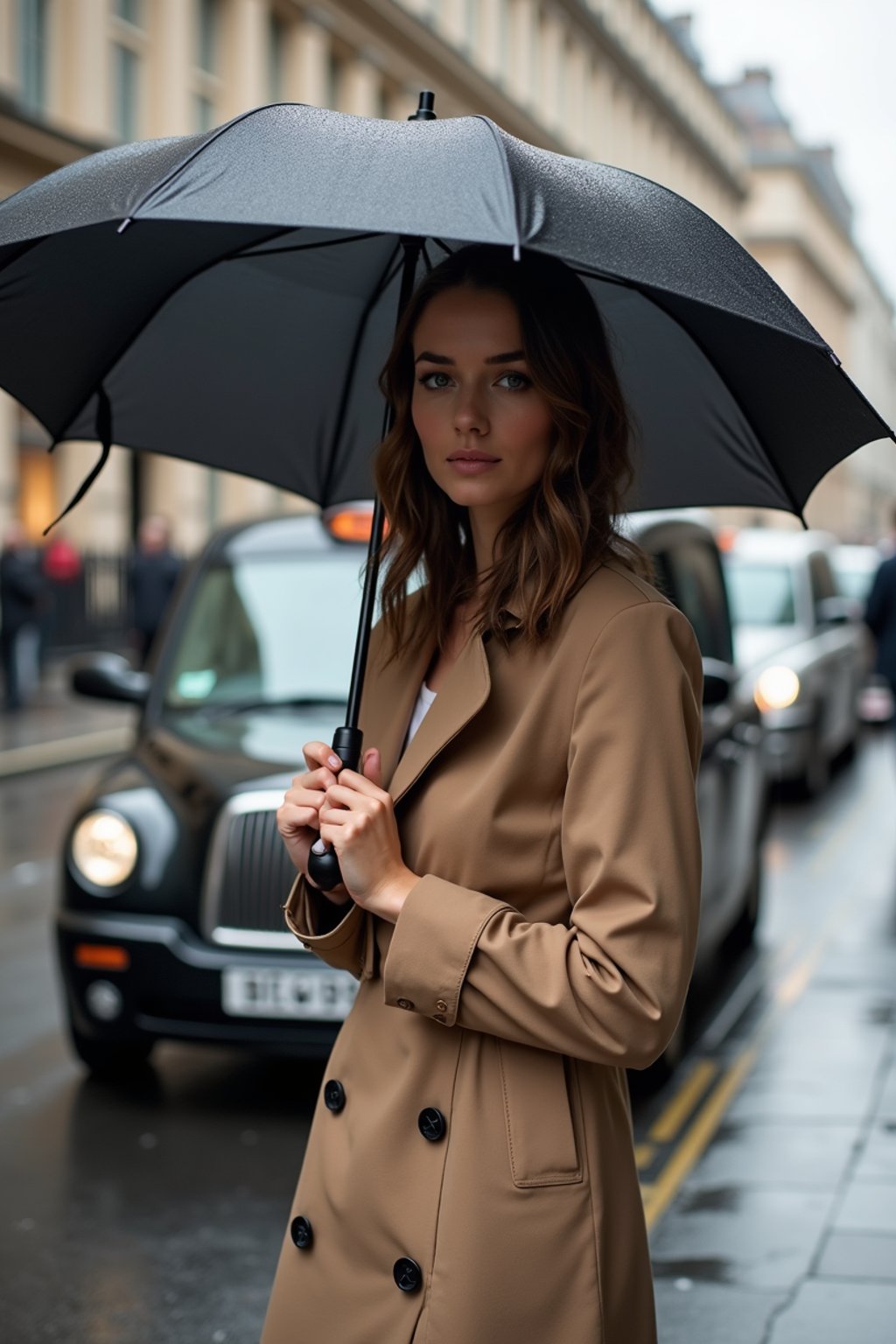 stylish and chic  woman in London sporting a trench coat and holding an umbrella, iconic London cab in the background